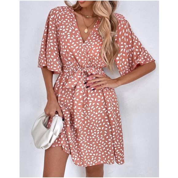 Dresses & Skirts - Boho coral Leopard Print Butterfly Sleeve Mini Dress